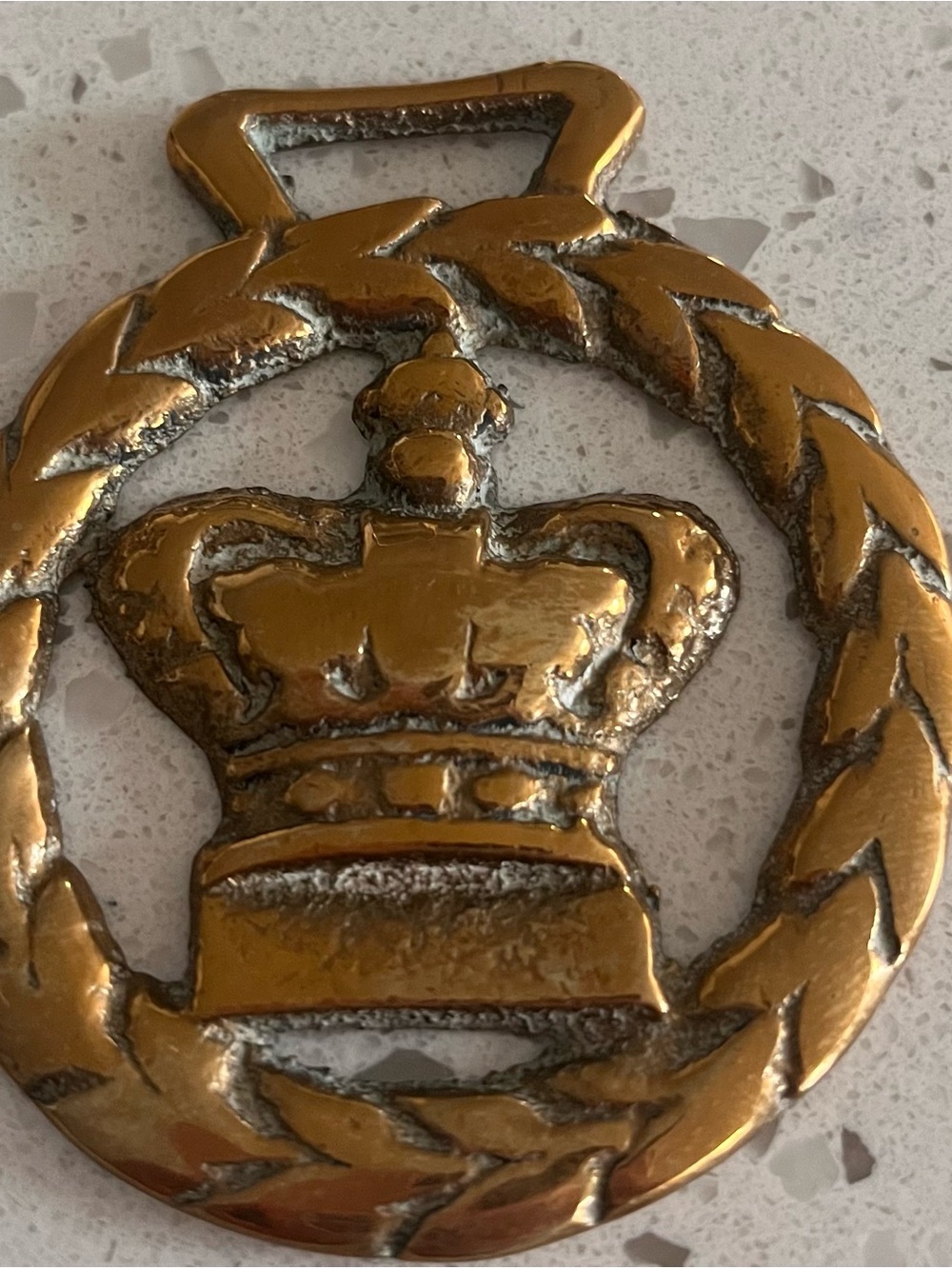 Antique  (c. 1880–1910s). English horse brass medallion with a royal crown frame
